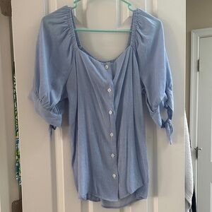 LC Lauren Conrad Light Blue Button-Front Square Neck Blouse